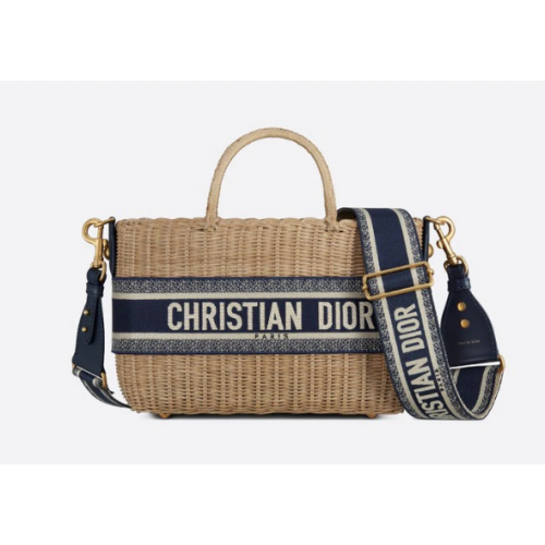DIOR WICKER BASKET BAG Blauer Dior Oblique Jacquard und natürliches Weidengeflecht M7601