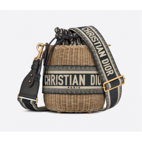 DIOR WICKER BUCKET BAG Blau Dior Oblique Jacquard und Natural Wicke M7600C