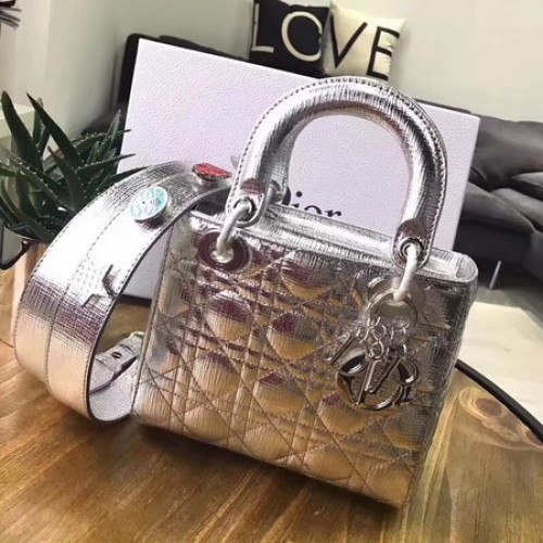 Dior Lucky Badges Original Schaffell-Ledertasche 88034 Silber