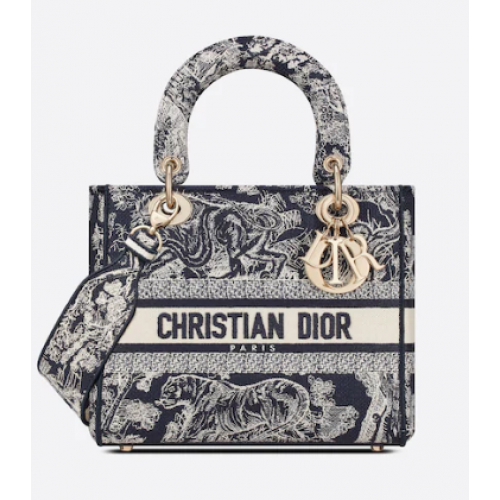 Dior MITTLERE LADY D-LITE TASCHE Blaue Toile de Jouy-Stickerei auf der Rückseite M0565