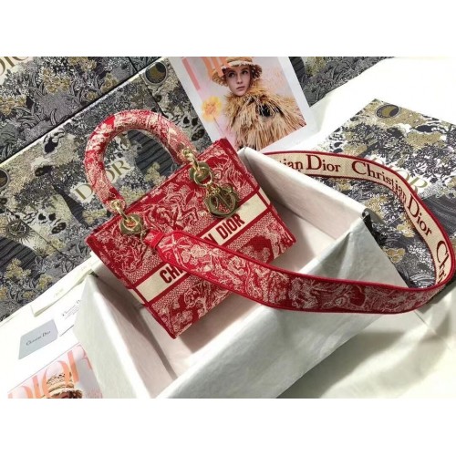 Dior MITTLERE DAMENTASCHE D-LITE Denim mit Blumenstickerei M0565OJA Rot