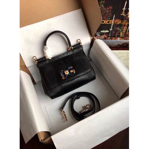 Dolce Gabbana Origianl Eidechsenleder Blume Logo Tasche BB4137 Schwarz