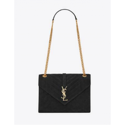 Yves Saint Laurent MITTLERE UMSCHLAGTASCHE AUS MATELASSE-WILDLEDERMISCHUNG 487206 schwarz