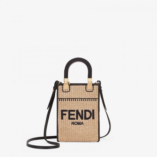 FENDI MINI SUNSHINE SHOPPER Mini-Tasche aus geflochtenem Stroh 8BS051 apricot