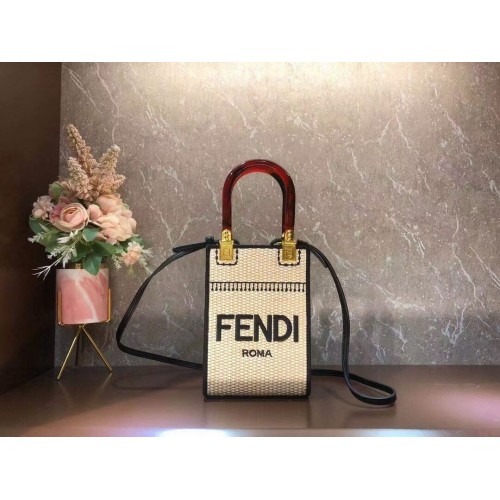 FENDI MINI SUNSHINE SHOPPER Mini-Tasche aus geflochtenem Stroh 8BS051 apricot