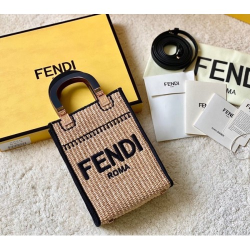 FENDI Mini Sunshine Shopper FF Mini-Tasche aus Raffiabast 8BS051A schwarz