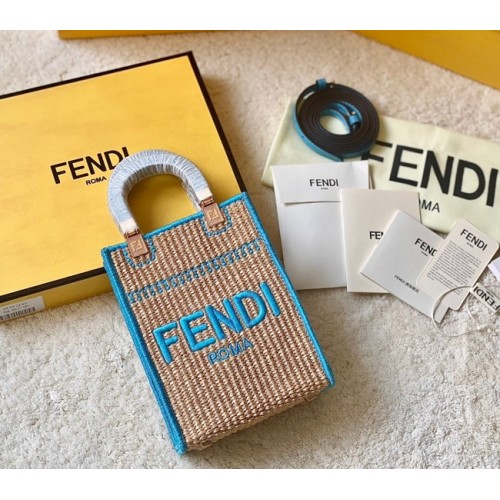 FENDI Mini Sunshine Shopper FF Mini-Tasche aus Raffiabast 8BS051A blau