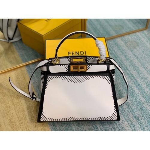 FENDI PEEKABOO ISEEU Medium Original Ledertasche F1617 Weiß Schwarz