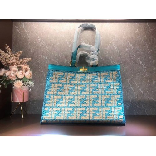 FENDI PEEKABOO X-TOTE FF Tasche aus Bast 8BH374A hellblau
