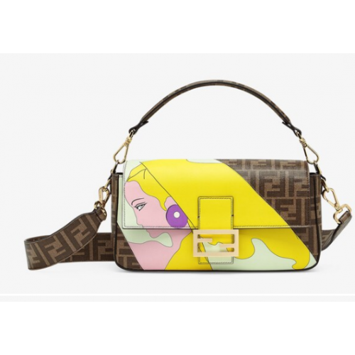 Fendi FF glasierte Stofftasche mit Inlay Baguette 8BR600A braun&gelb