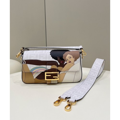 Fendi FF glasierte Stofftasche mit Inlay Baguette 8BR600A weiß