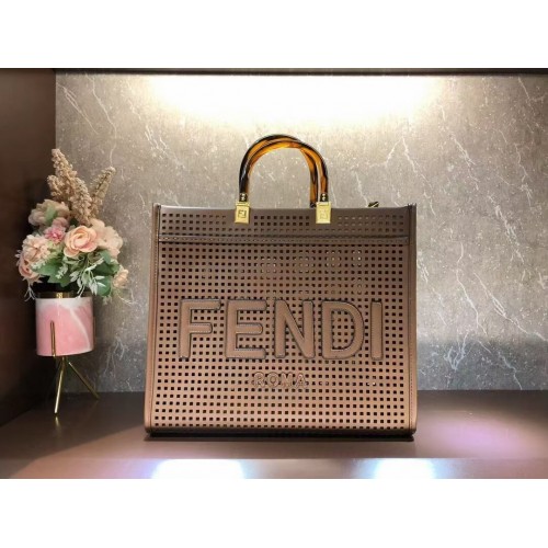 Fendi Sunshine Medium Zweifarbiger Shopper aus perforiertem Leder 8BH386A Kaffee