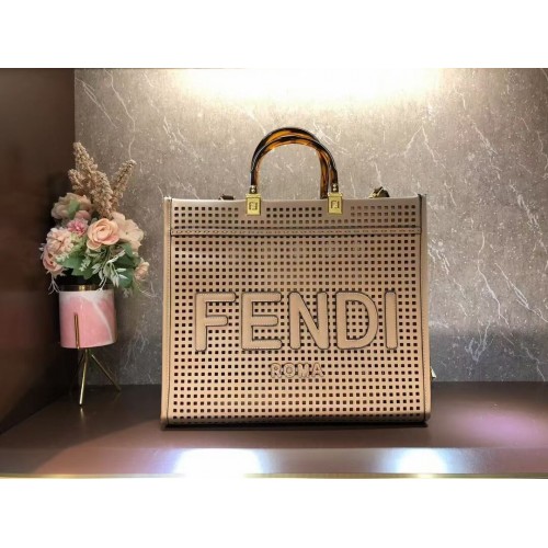 Fendi Sunshine Medium Zweifarbiger Shopper aus perforiertem Leder 8BH386A apricot