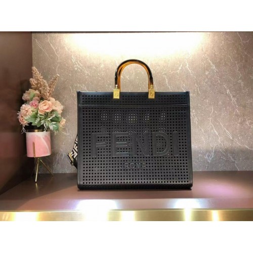 Fendi Sunshine Medium Zweifarbiger Shopper aus perforiertem Leder 8BH386A schwarz