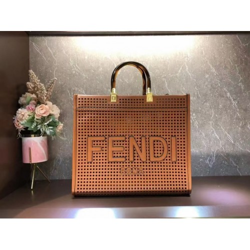 Fendi Sunshine Medium Zweifarbiger Shopper aus perforiertem Leder 8BH386A braun