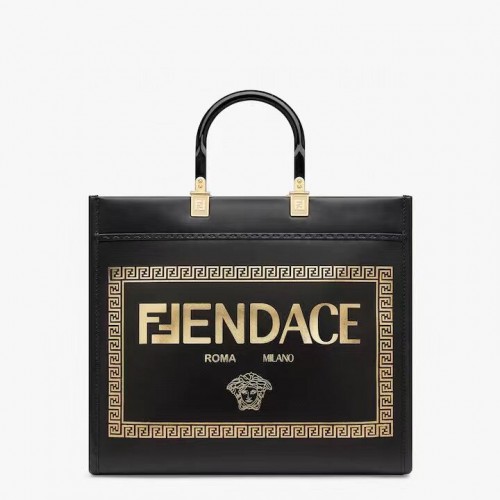 Fendi Sunshine Medium Fendace Bedruckter Shopper aus schwarzem Leder mit Logo 8BH386A