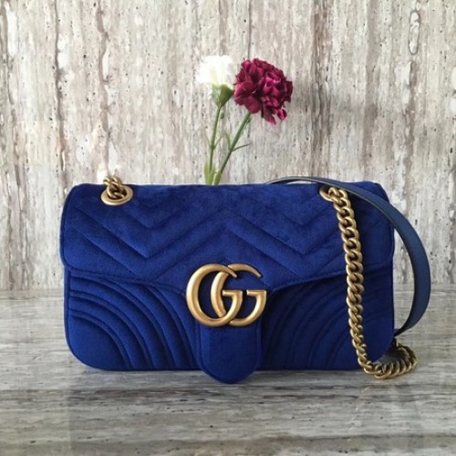 Gucci 443497 GG Marmont Chevron Velvet Schultertasche Blau