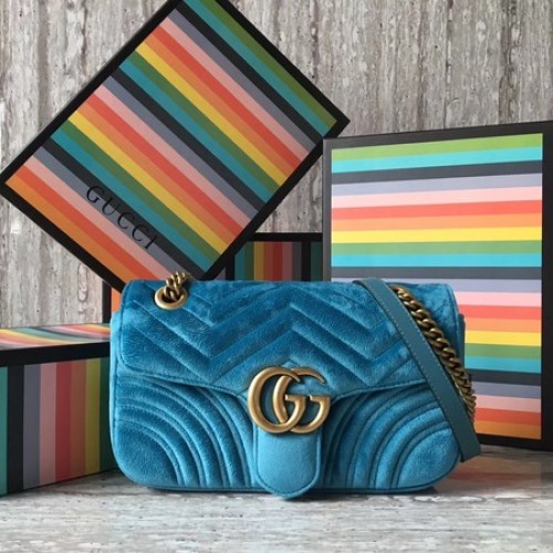 Gucci GG Marmont Chevron Velvet Umhängetasche 443497 Himmelblau