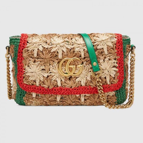 Gucci GG Marmont Raffia kleine Umhängetasche 574433 Rot und Grün