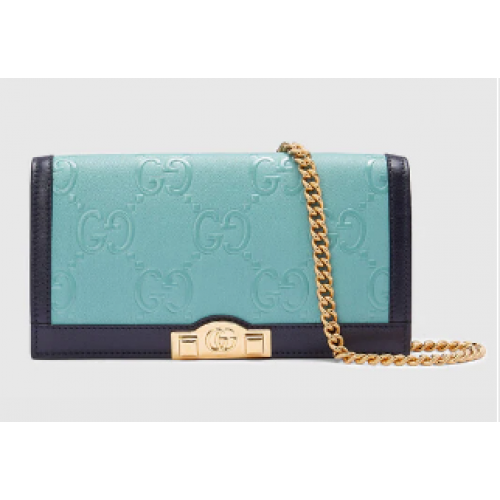 Gucci GG Geldbörse mit Kette 676155 Hellblau