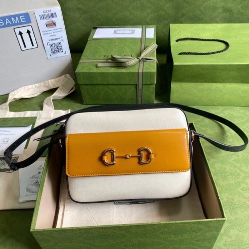 Gucci Horsebit 1955 kleine Umhängetasche 645454 Gebranntes Orange und weißes Leder