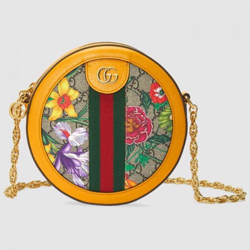 Gucci Ophidia Serie GG Blume runde Mini Schultertasche 550618 gelb