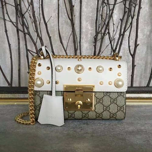 Gucci Schultertasche aus Leder mit Vorhängeschloss und Nieten 432182A Weiß