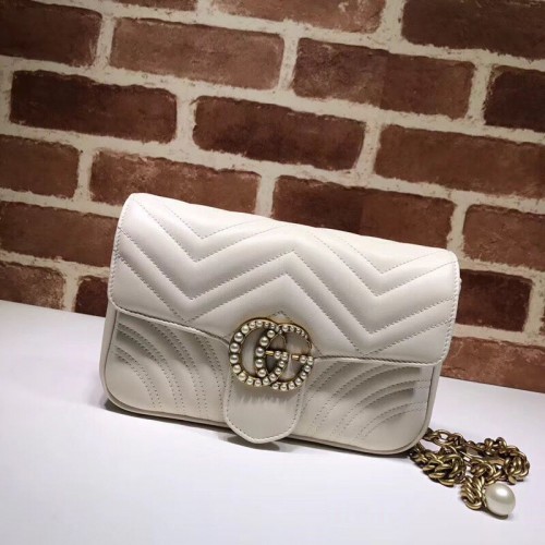 Gucci Pearl GG Marmont Small Matelasse Original Leder Umhängetasche 443497 Weiß