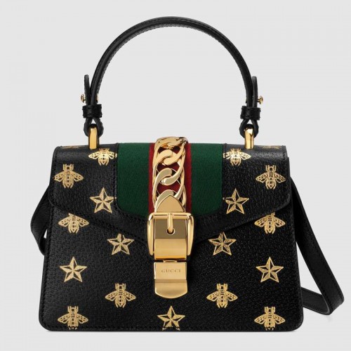 Gucci Sylvie Bee Star Mini-Ledertasche 470270 schwarz