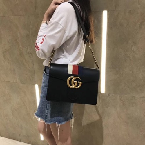 Gucci GG Marmont Leder Umhängetasche 476468 Schwarz