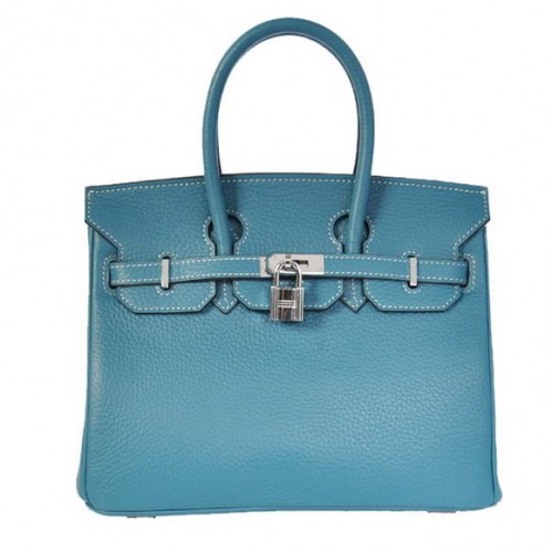 Hermes Birkin 25CM Tragetaschen Togo Leder Blau Silber