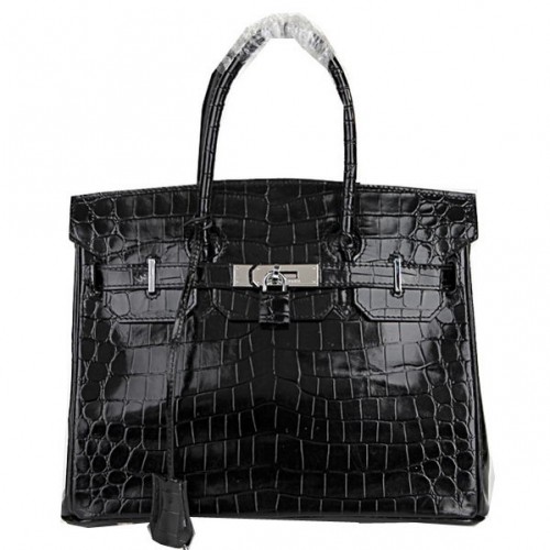 Hermes Birkin 30CM Tragetaschen Schwarz schillerndes Krokoleder Silber