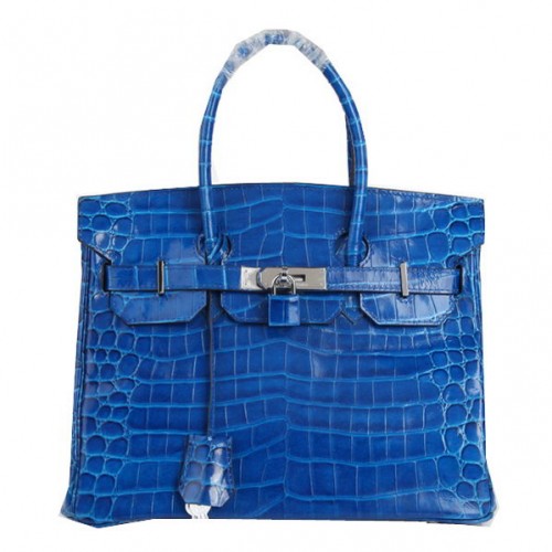 Hermes Birkin 30CM Tragetaschen Blau schillerndes Krokoleder Silber