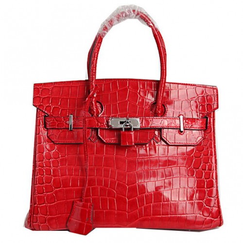 hermes birkin 30 cm tragetaschen rot schillerndes krokoleder silber