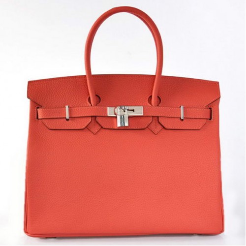 Hermes Birkin 35CM Tragetaschen Togo Leder Hellrot Silber