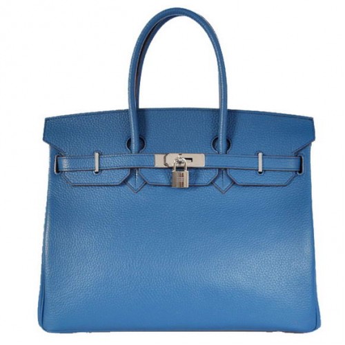 Hermes Birkin 35CM Tragetaschen Togo Leder Mittelblau Silber