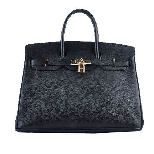 Hermes Birkin 35CM Einkaufstasche Schwarzes genarbtes Leder Gold