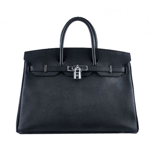 Hermes Birkin 35CM Tote Bag Schwarz genarbtes Leder Silber