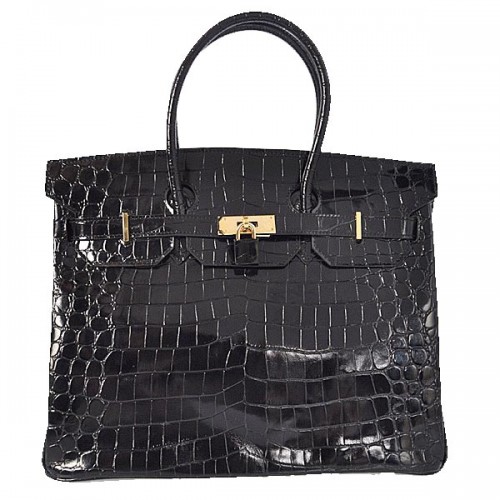 Hermes Birkin 35CM Einkaufstasche Schwarz schillerndes Krokoleder Gold