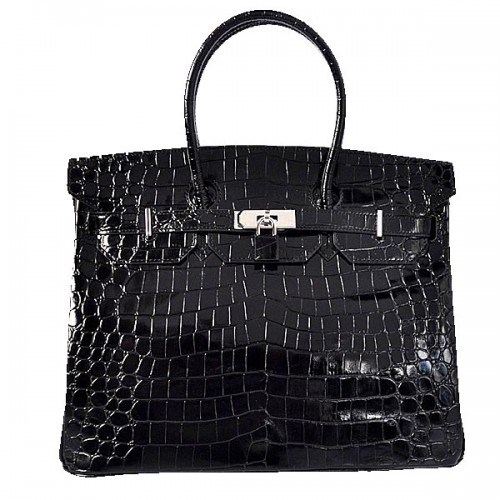 Hermes Birkin 35CM Einkaufstasche schwarz schillerndes Krokoleder silber