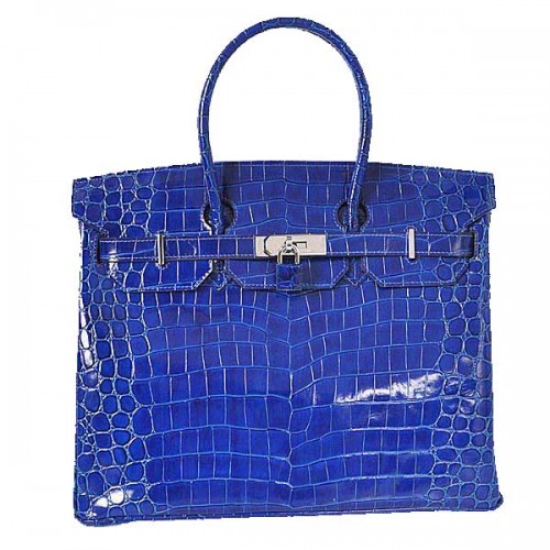 Hermes Birkin 35CM Einkaufstasche blau schillerndes Krokoleder silber