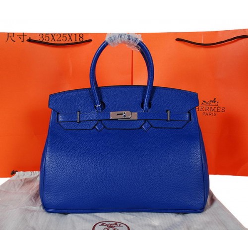 Hermes Birkin 35CM Tragetasche Blau Original genarbtes Leder H35 Silber