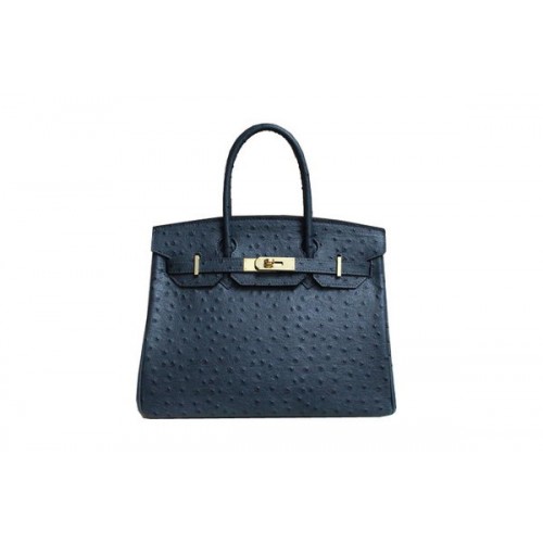 Hermes Birkin 35CM Einkaufstasche Dunkelblaues Straußenleder BK35 Gold