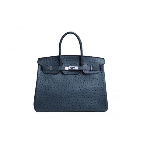 Hermes Birkin 35CM Einkaufstasche Dunkelblaues Straußenleder BK35 Silber