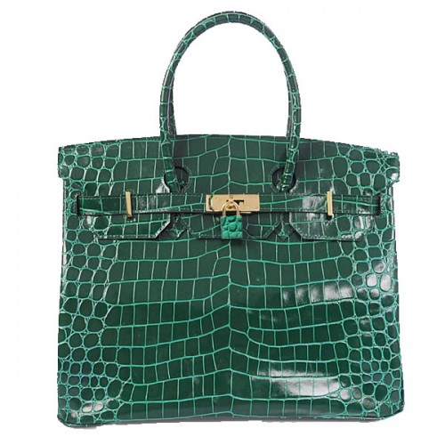 Hermes Birkin 35CM Einkaufstasche Grün schillerndes Krokoleder Gold
