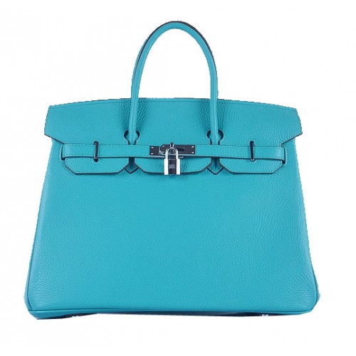 Hermes Birkin 35CM Tragetasche Hellblaues genarbtes Leder Silber
