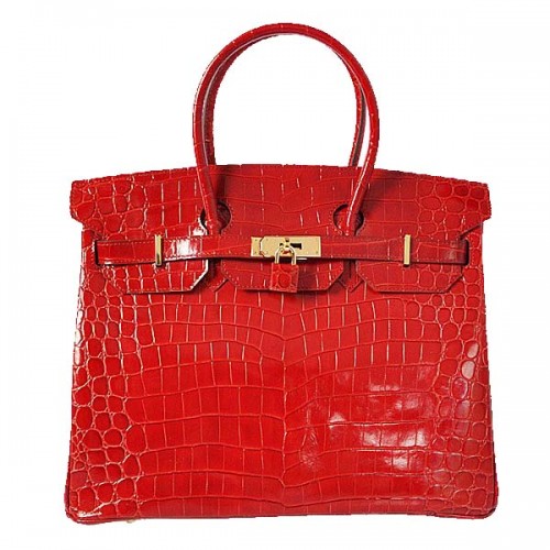 Hermes Birkin 35CM Einkaufstasche Rot schillerndes Krokoleder Gold