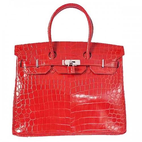 Hermes Birkin 35CM Einkaufstasche Rot schillerndes Krokoleder Silber
