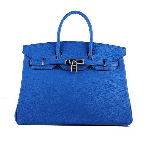 Hermes Birkin 35CM Tragetaschen Blaues genarbtes Leder H-35 Silber