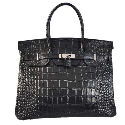 Hermes Birkin 35CM Tragetaschen Krokodil Togo Leder Schwarz Silber